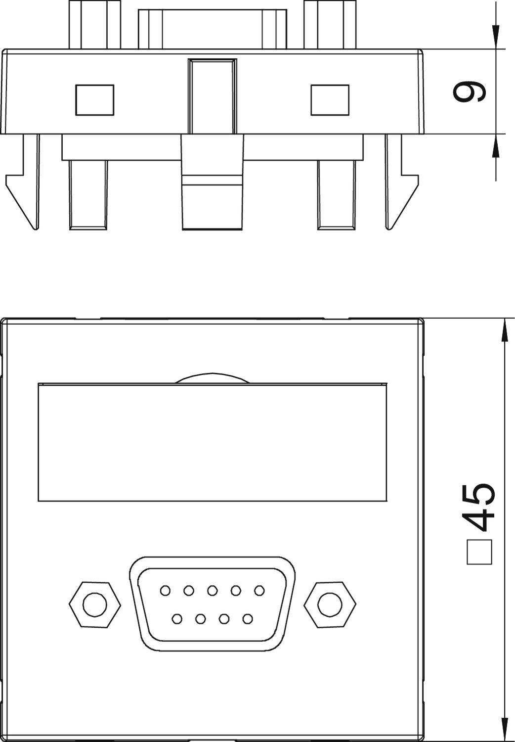 Technische Zeichnung eines elektrischen Schalters mit Abmessungen. Die Höhe ist 9 mm, die Breite 45 mm. Ansicht von Vorne und Oben.