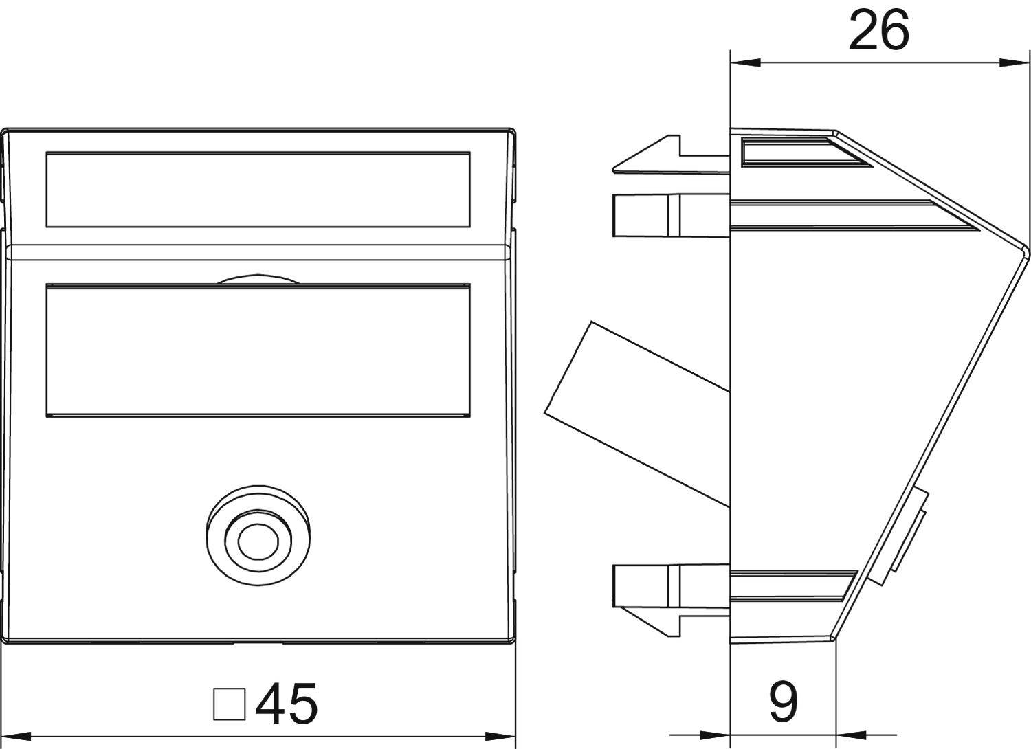 Technische Zeichnung eines rechteckigen elektrischen Schalters mit Abmessungen: Breite 45 mm, Tiefe 26 mm, Höhe 9 mm.