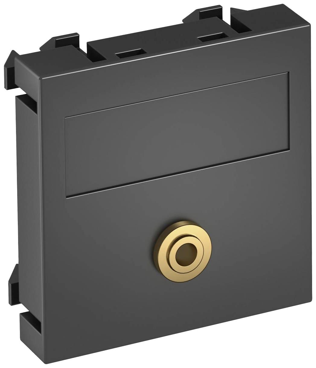 Eine schwarze Steckdosenabdeckung mit einer goldenen Koaxialbuchse in der Mitte, verwendet für Antennenanschlüsse an Wänden.