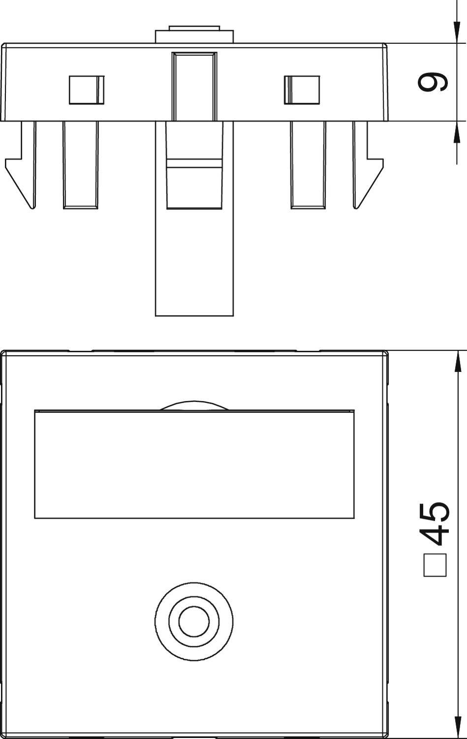 Technische Zeichnung eines rechteckigen Bauteils mit Abmessungen: 9 mm hoch, 45 mm breit. Zeigt Anschlussstifte und Front mit Öffnung.