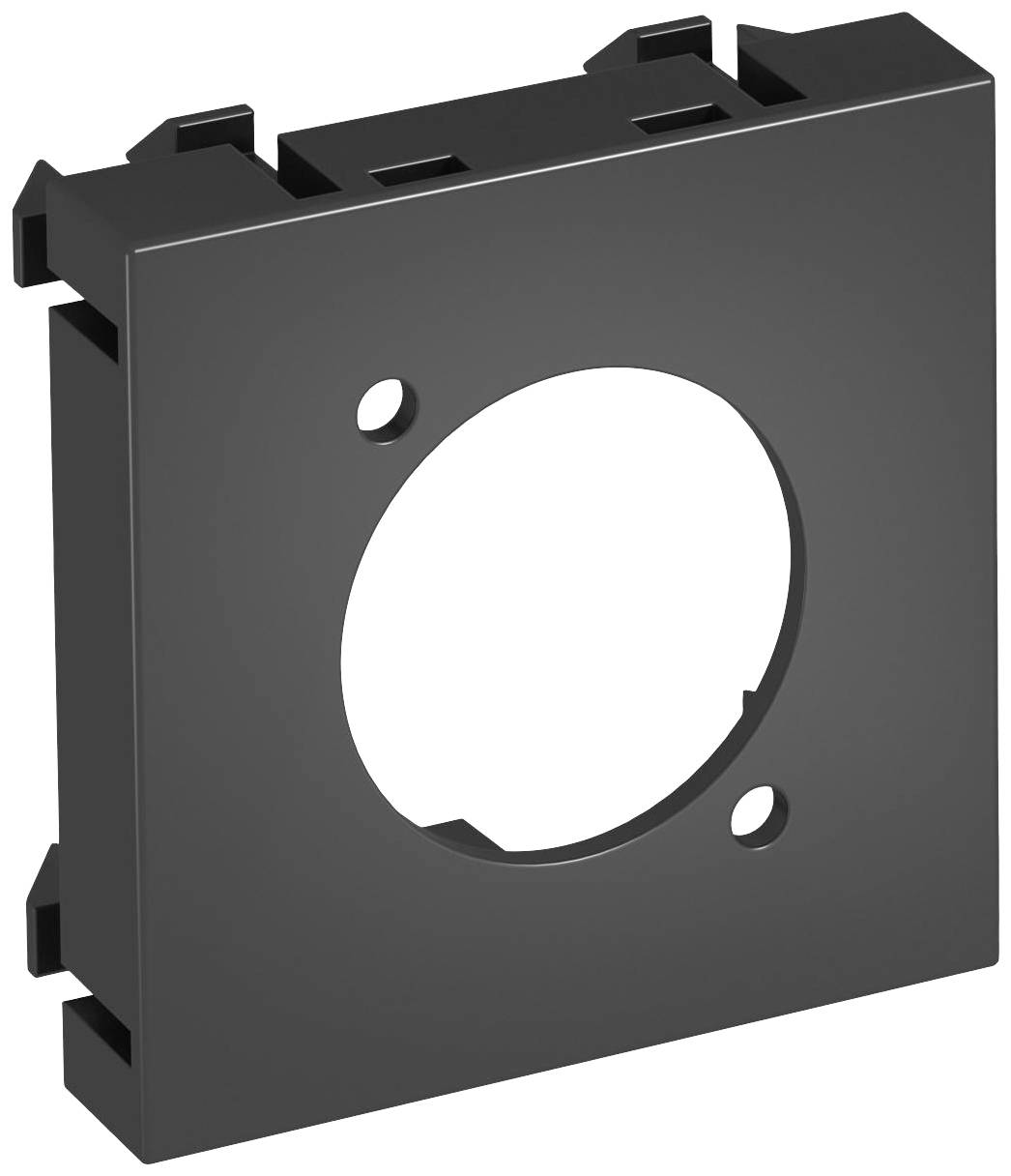 Schwarze quadratische Frontplatte mit rundem zentralen Loch und zwei kleineren seitlichen Löchern, geeignet für technische Anwendungen.