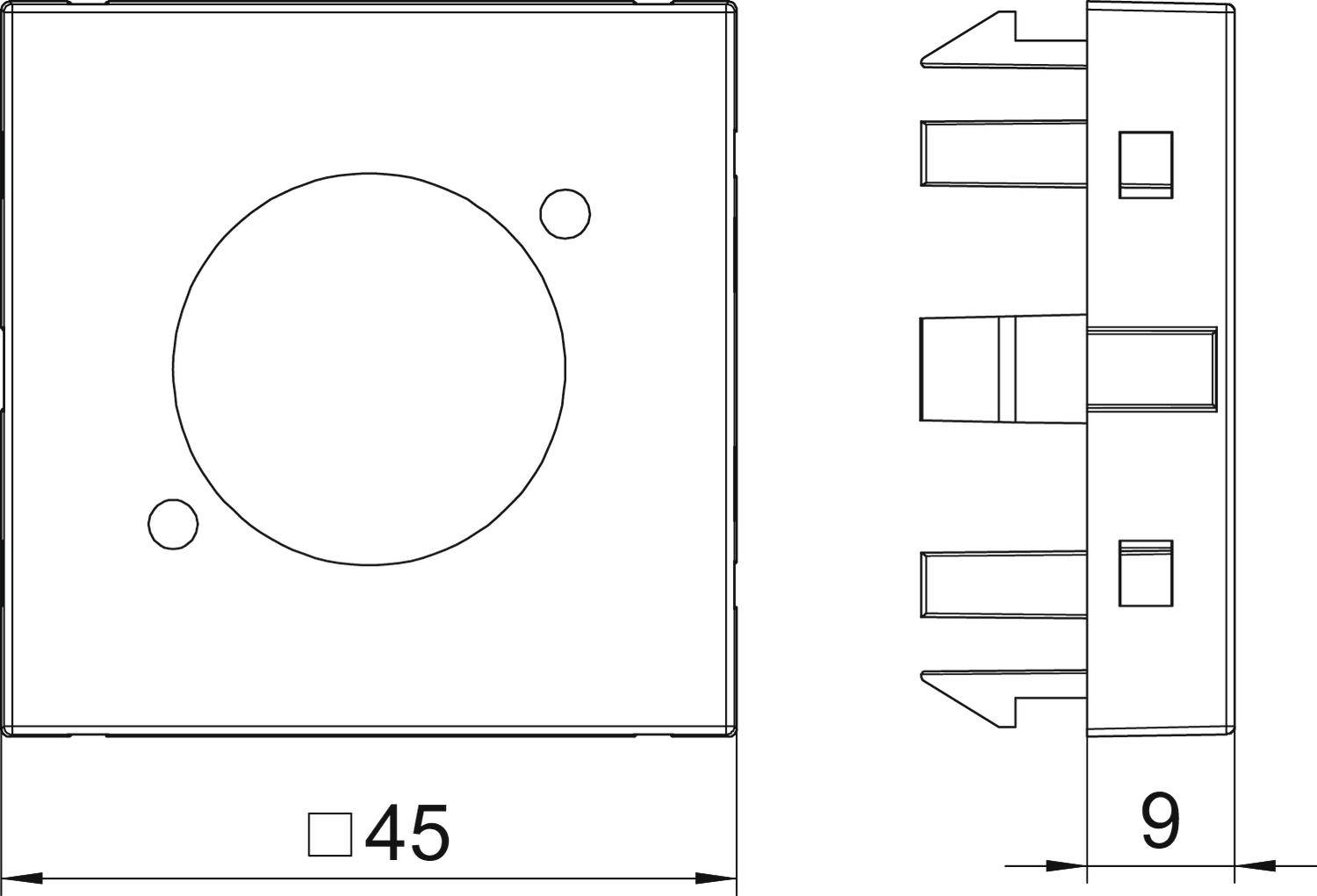 Technische Zeichnung eines quadratischen Schalters mit einem Durchmesser von 45 mm und einer Tiefe von 9 mm, mit Anschlussstiften.