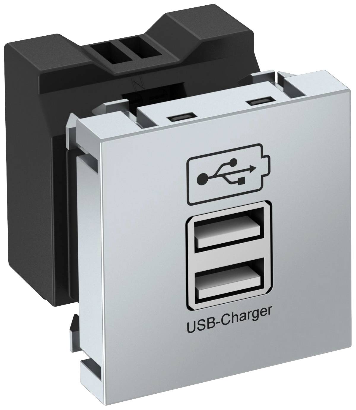 USB-Ladegerät mit doppeltem USB-Anschluss und symbo­li­schem USB-Logo auf der Vorderseite. Geeignet zum Laden von USB-Geräten.