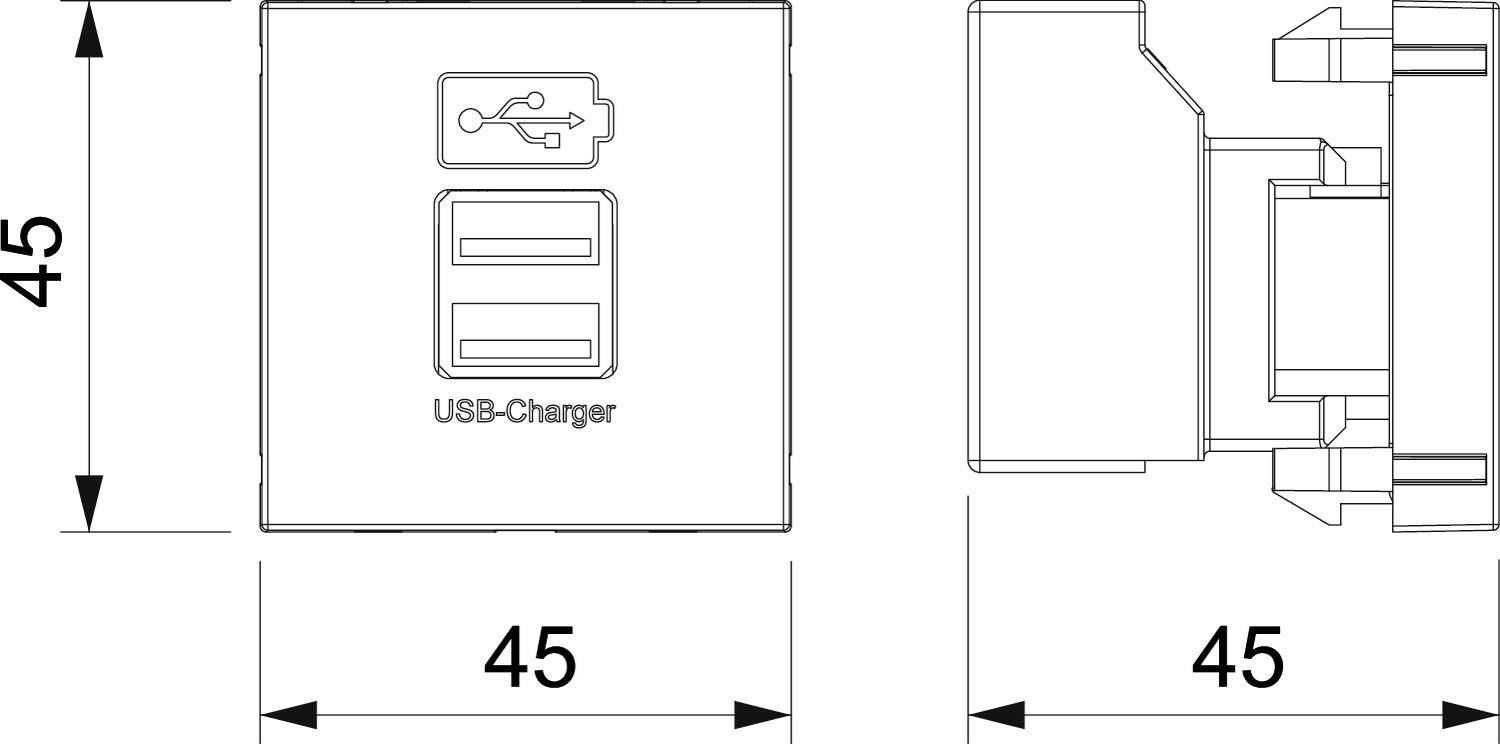 Technische Zeichnung eines USB-Ladegeräts, das in eine Steckdose integriert wird. Frontansicht mit Maßen, seitliche Ansicht.