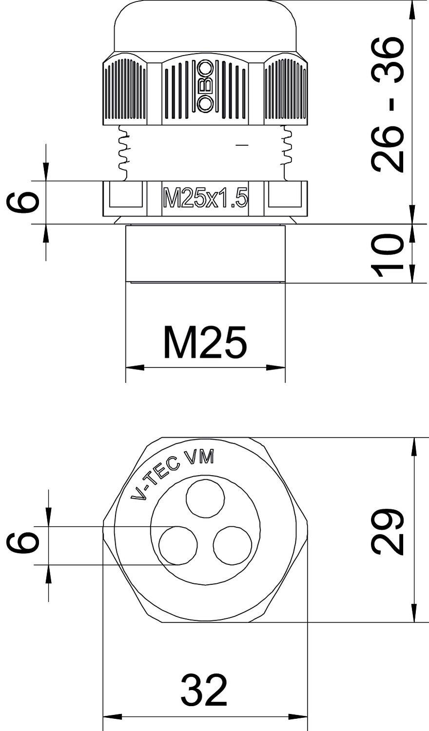 Technische Zeichnung einer Kabelverschraubung M25, Gewinde M25x1.5. Maße: 26-36 mm Höhe, 32 mm Breite, 6 mm Nut, 10 mm Basis.