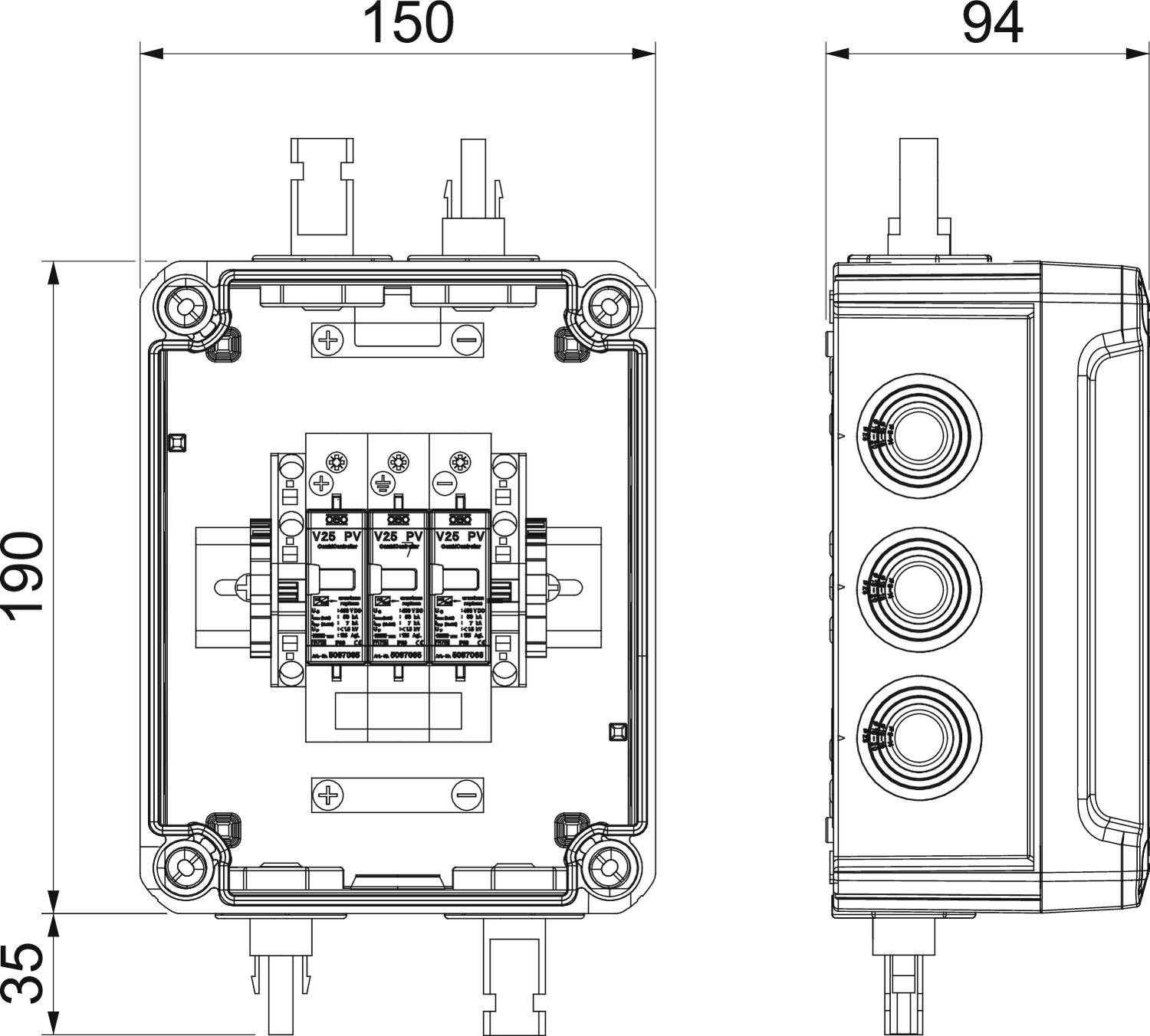 Technische Zeichnung eines elektrischen Schalters in einem Gehäuse, mit Maßen: 150 mm Breite, 190 mm Höhe, 94 mm Tiefe. Vorder- und Seitenansicht dargestellt.