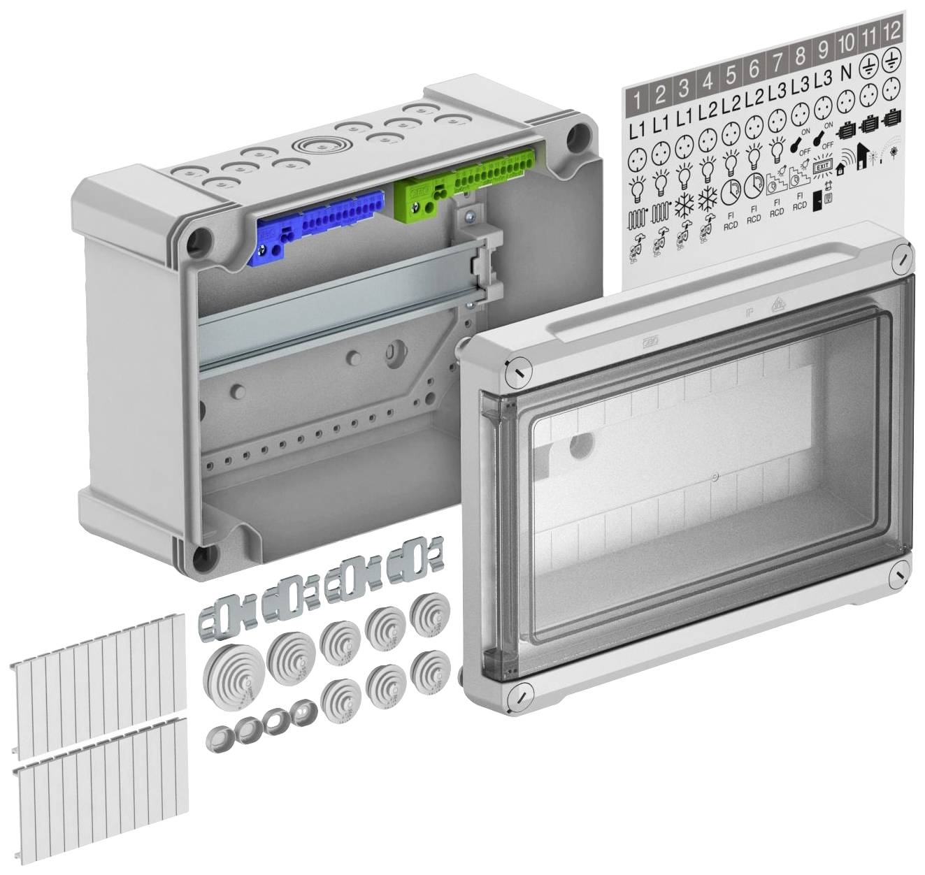 Elektronikgehäuse mit transparenter Abdeckung, verschiedenen Anschlussmodulen und Symbolaufklebern.