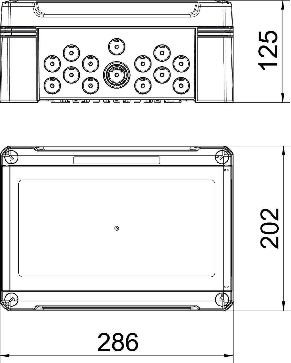 Technische Zeichnung eines rechteckigen Gehäuses mit Maßen: Breite 286 mm, Höhe 202 mm, Tiefe 125 mm. Vorderansicht mit Steckverbindungen oben.
