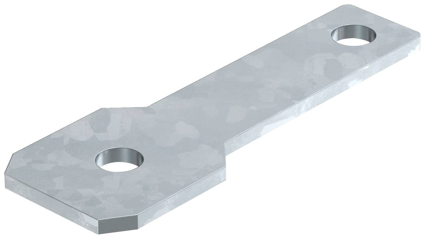 Ein flaches, längliches Metallteil mit zwei runden Löchern an den Enden. Es ist wahrscheinlich ein Verbindungselement oder Halterung.
