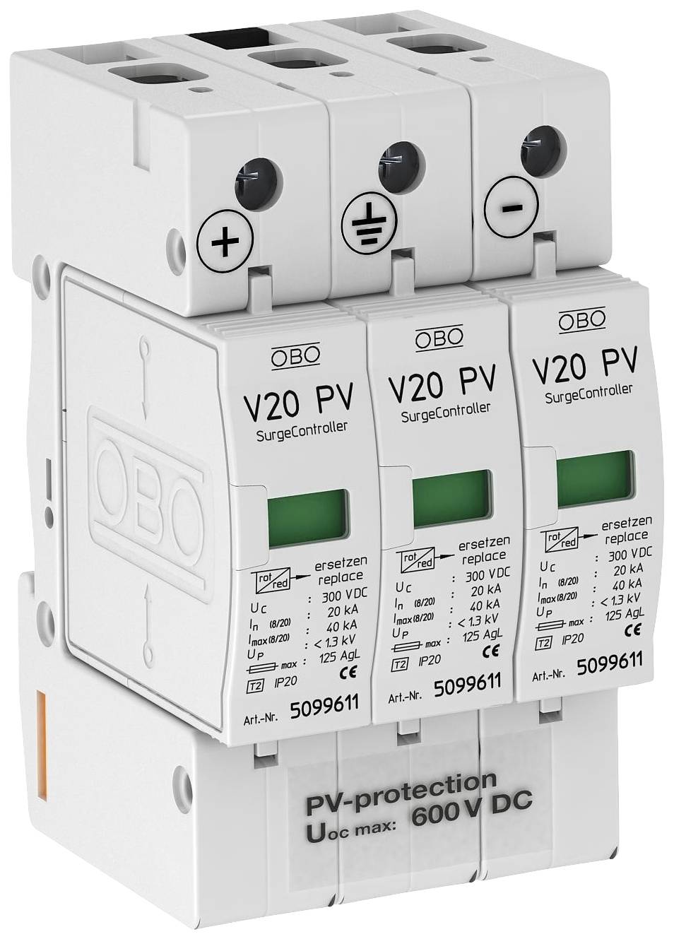 Überspannungsschutzgerät OBO V20 PV mit grünem Kontrollfenster, geeignet für Photovoltaikanlagen bis 600 V DC.
