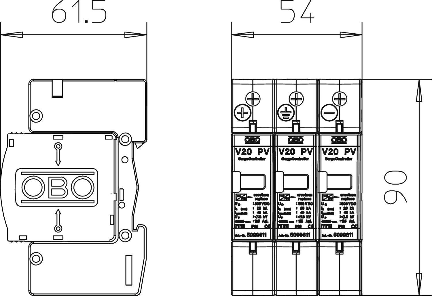 Technische Zeichnung eines Überspannungsschutzgeräts mit Abmessungen: Breite 61,5 mm, Höhe 90 mm. Beschriftet mit OBO, V20 PV.