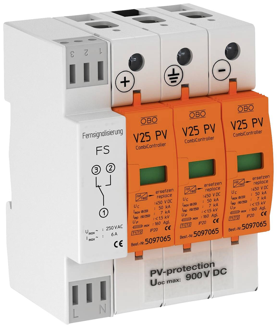 Ein Überspannungsschutzgerät mit vier Modulen, das den Stromkreis vor Blitzschlägen schützt. Vorderseite zeigt technische Angaben.