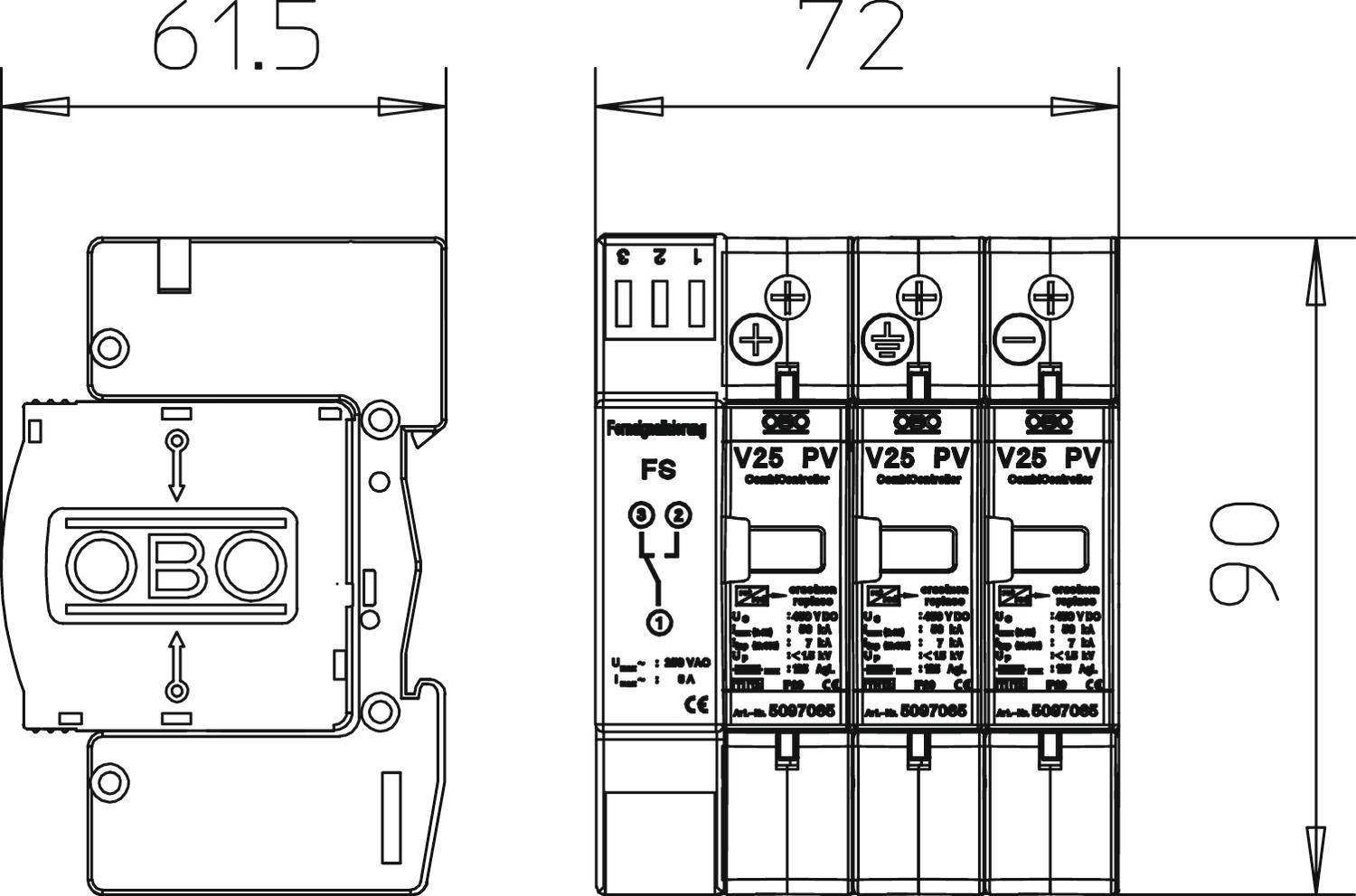 Technische Zeichnung eines Überspannungsschutzgeräts mit fünf Trennschaltern. Maße angegeben: Breite 72 mm, Höhe 90 mm, Tiefe 61,5 mm.