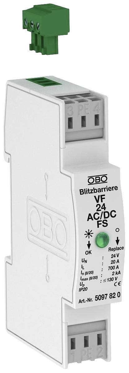 Blitzschutzgerät der Marke OBO zur Installation in elektrischen Schaltschränken, Modell VF 24 AC/DC FS, Artikelnummer 5097 62 0.
