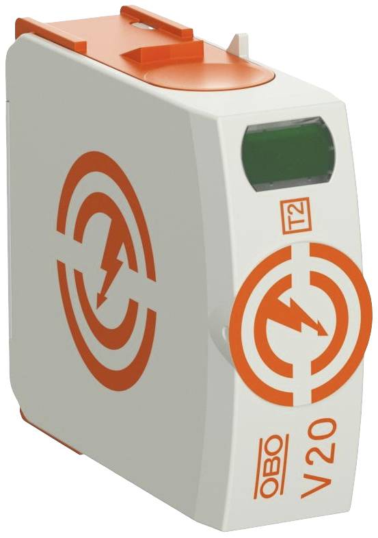 Ein Überspannungsschutzgerät mit orangefarbenem Blitzsymbol und der Aufschrift 'OBO V20'. Designed für den Blitzschutz in elektrischen Anlagen.