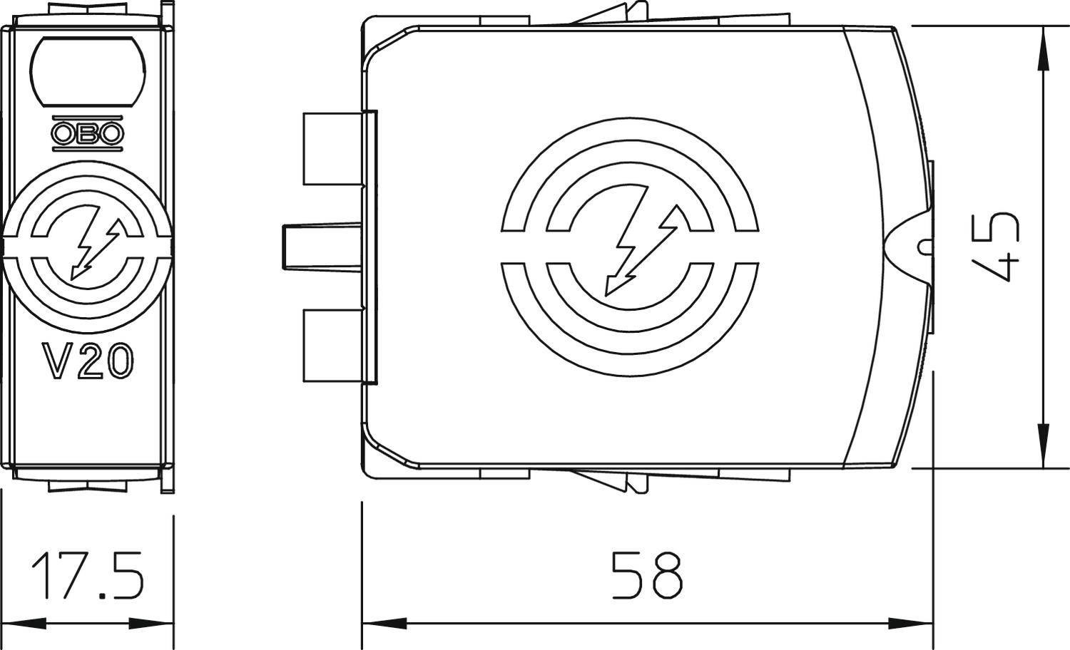 Technische Zeichnung eines Überspannungsschutzgeräts. Zeigt obere und seitliche Ansichten mit Maßen: Breite 17,5 mm, Länge 58 mm, Höhe 45 mm.