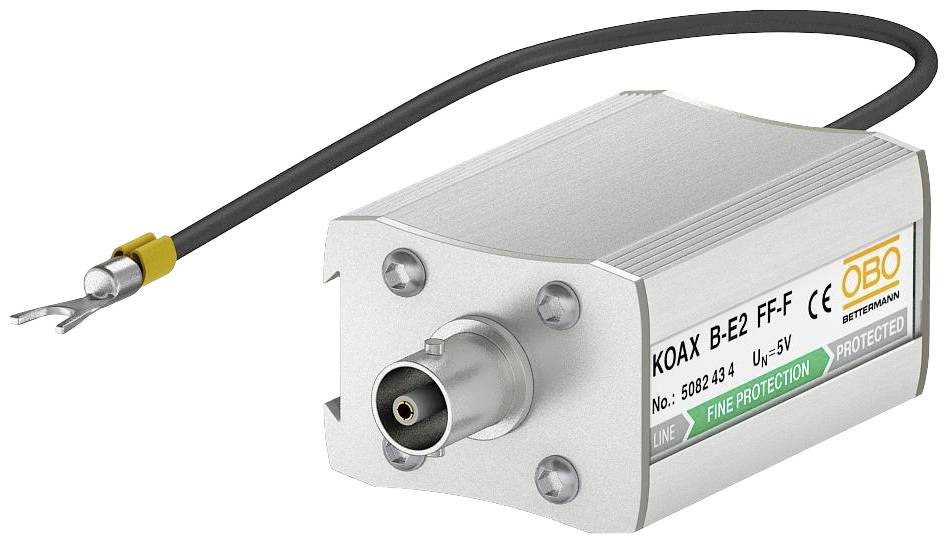 Ein Koaxial-Schutzgerät von OBO Bettermann mit der Bezeichnung 'KOAX B-E2 FF-F' und einem Anschlusskabel.