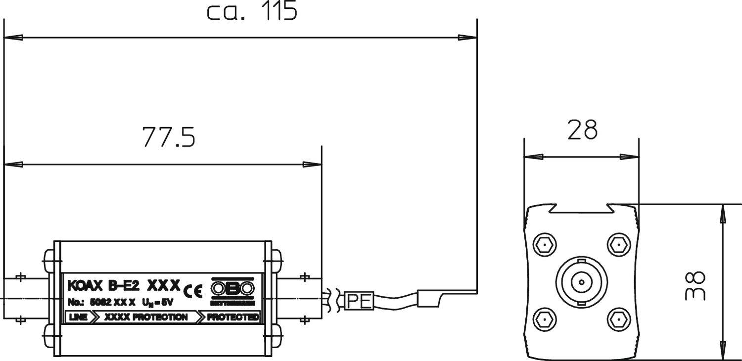 Technische Zeichnung eines elektrischen Bauteils. Maße: 115 mm, 77,5 mm, 38 mm. Kennzeichnungen: 'LIM', 'XXXX PROTECTION', CE-Zeichen.