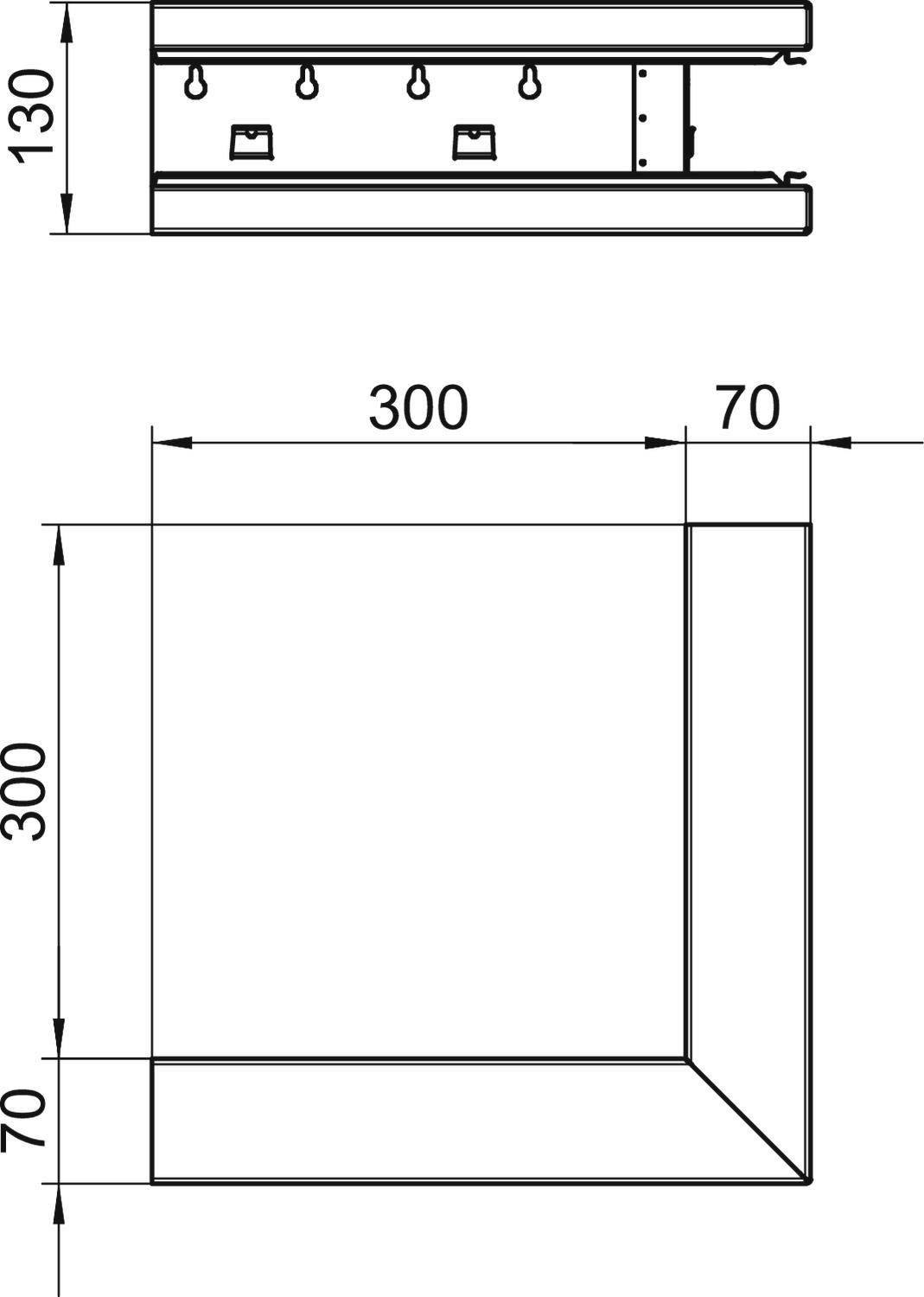 Technische Zeichnung zeigt die Seiten- und Vorderansicht eines 300x300 mm großen Rahmens mit 130 mm Tiefe, angezeigt mit Maßen.