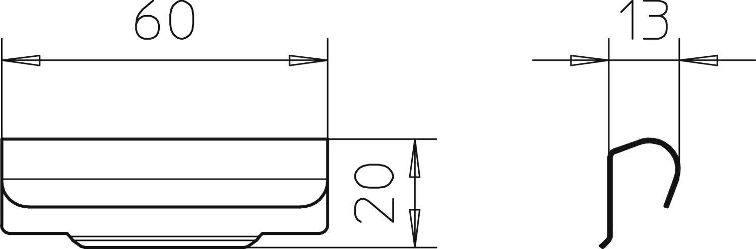 Technische Zeichnung einer Dichtung mit Maßen: Gesamtbreite 60 mm, Höhe 20 mm, Detailmaß 13 mm. Profil und Form klar dargestellt.