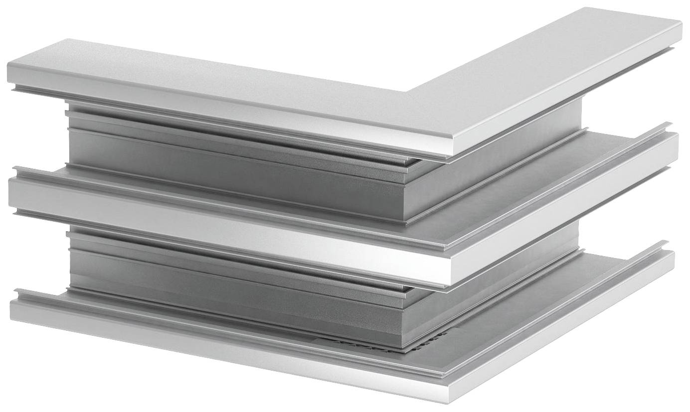 Silberfarbenes, L-förmiges Metallprofil, bestehend aus mehreren gestapelten Ebenen, geeignet für Architekturanwendungen.