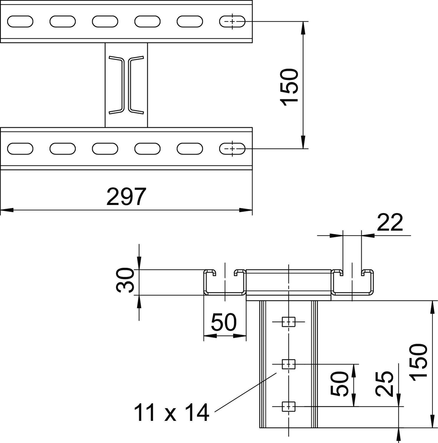 Technische Zeichnung eines metallischen Profils mit den Maßen: Breite 297 mm, Höhe 150 mm, mit detaillierter Seitenansicht.