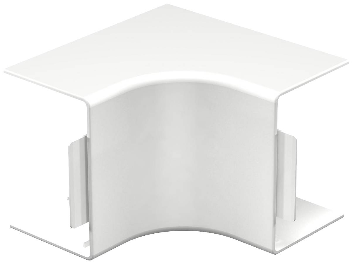 Weiße Eckverbindung aus Kunststoff, verwendet zur Verbindung von Kabelkanälen in einem 90-Grad-Winkel für eine saubere Installation.