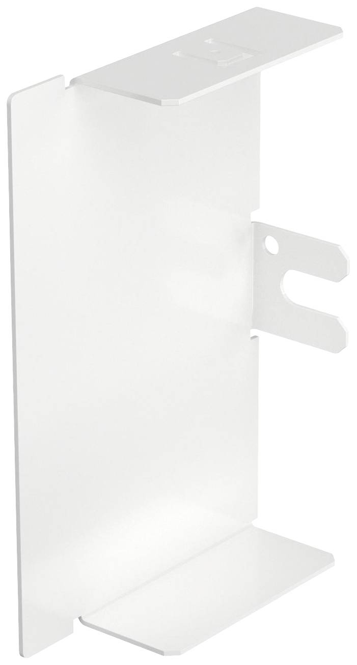 Metallhalterung in Weiß, rechteckige Form mit abgerundeten Ecken, Aussparung zur Befestigung an Wänden oder anderen Oberflächen.