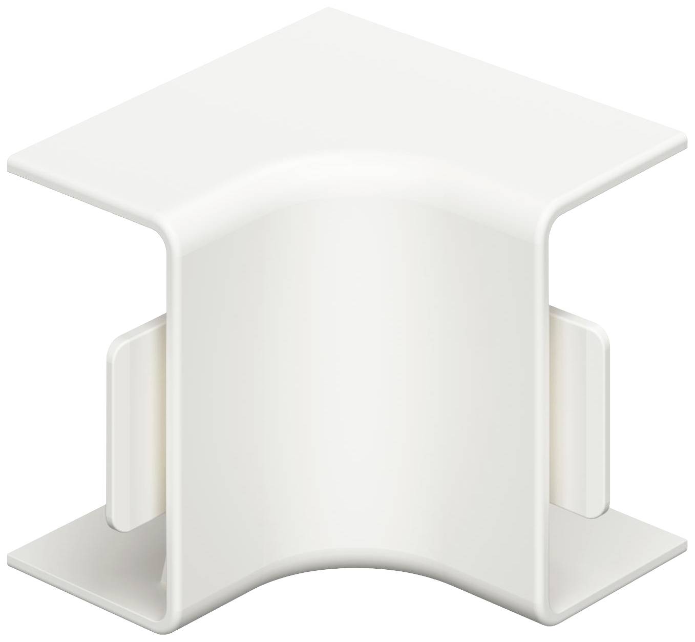 Weiße, rechtwinklige PVC-Wandhalterung. Verwendet zum Verstecken und Schützen von Kabeln in Ecken.