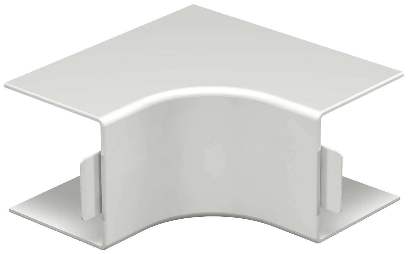 Weiße PVC-Eckverbindung für Kabelkanäle, C-Form, zum Verbinden von Kanälen in einem 90-Grad-Winkel. Geeignet für rechteckige Kabelkanäle.