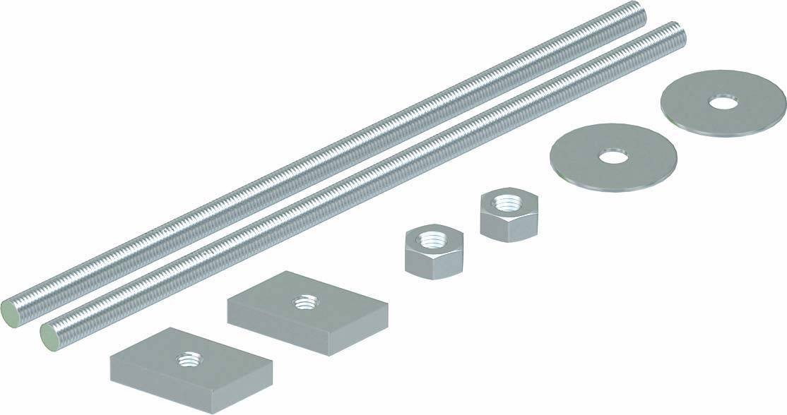 Zwei Gewindestangen, zwei Muttern, zwei rechteckige und zwei runde Metallplatten.