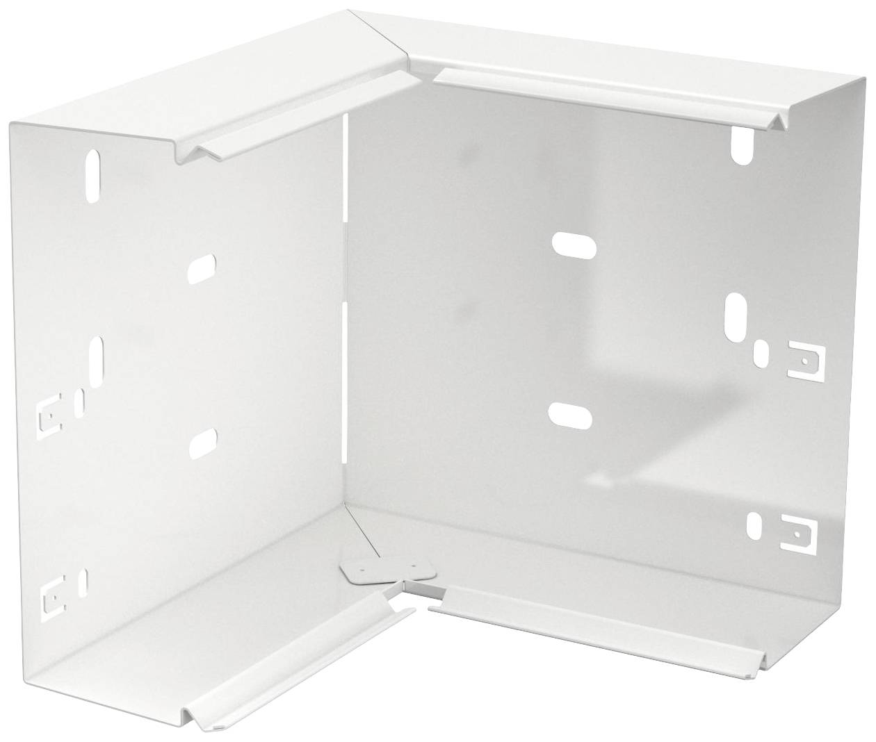 Weißes, metallisches rechtwinkliges Gehäuse mit mehreren Schlitzen und Befestigungslöchern; für Installation elektrischer Komponenten.