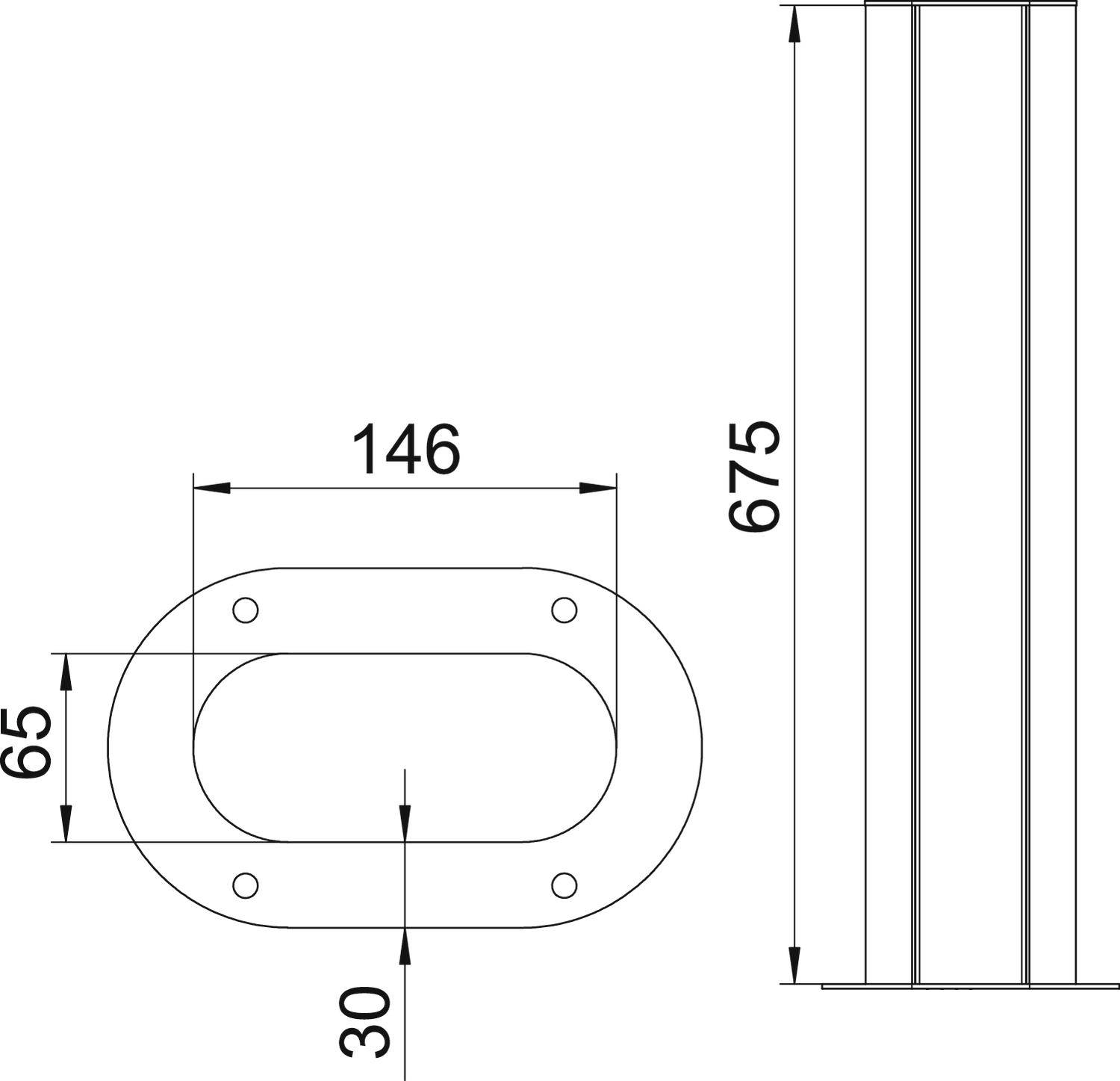 Technische Zeichnung eines ovalen Objekts mit den Maßen 146 mm x 65 mm. Seitliche Ansicht zeigt eine Höhe von 675 mm.
