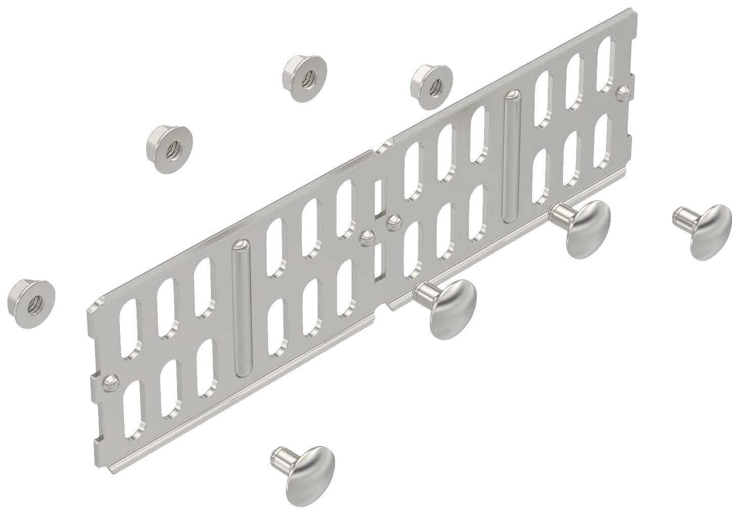 Metallplatte mit Schlitzen, umgeben von acht Schrauben. Die Anordnung deutet darauf hin, dass die Schrauben die Platte befestigen sollen.