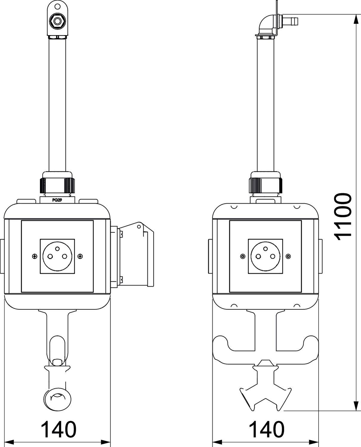 Technische Zeichnung eines Geräts mit zwei Ansichten. Die Maße sind 140 mm Breite und 1100 mm Höhe. Oberteil mit rohrförmiger Struktur.