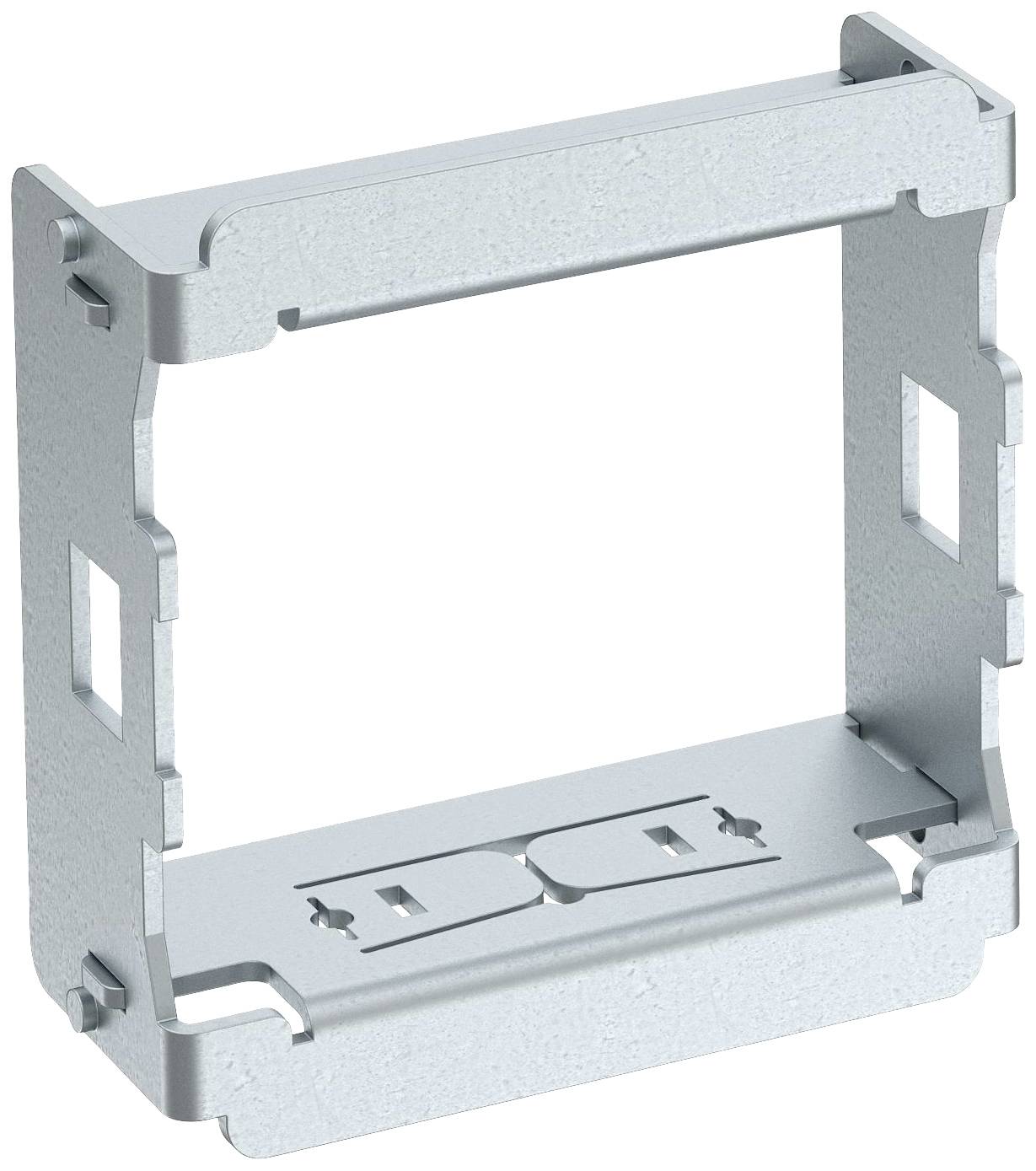 Metallrahmenhalterung für elektrische Schalter oder Steckdosen, quadratische Form, graues Metall, mit Aussparungen an den Seiten.