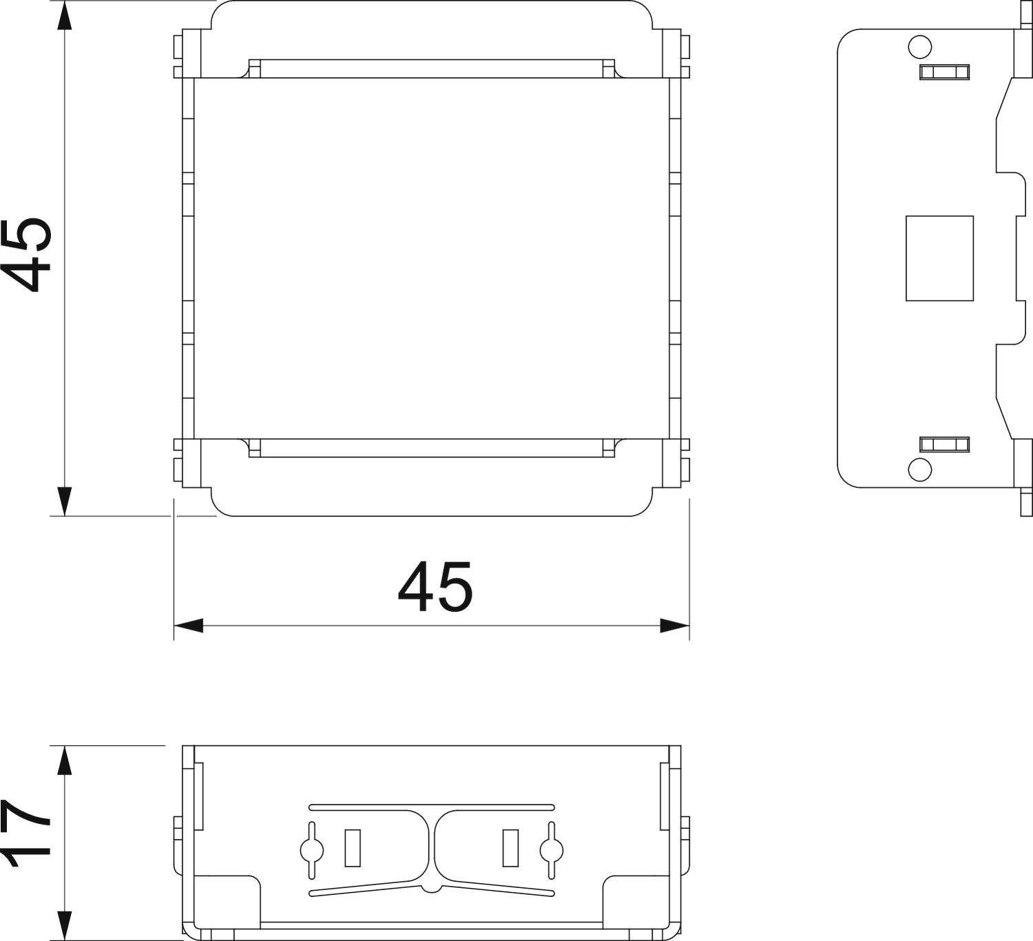 Technische Zeichnung eines rechteckigen Geräts mit Maßen: 45x45 mm in der Länge und Breite, 17 mm in der Tiefe.