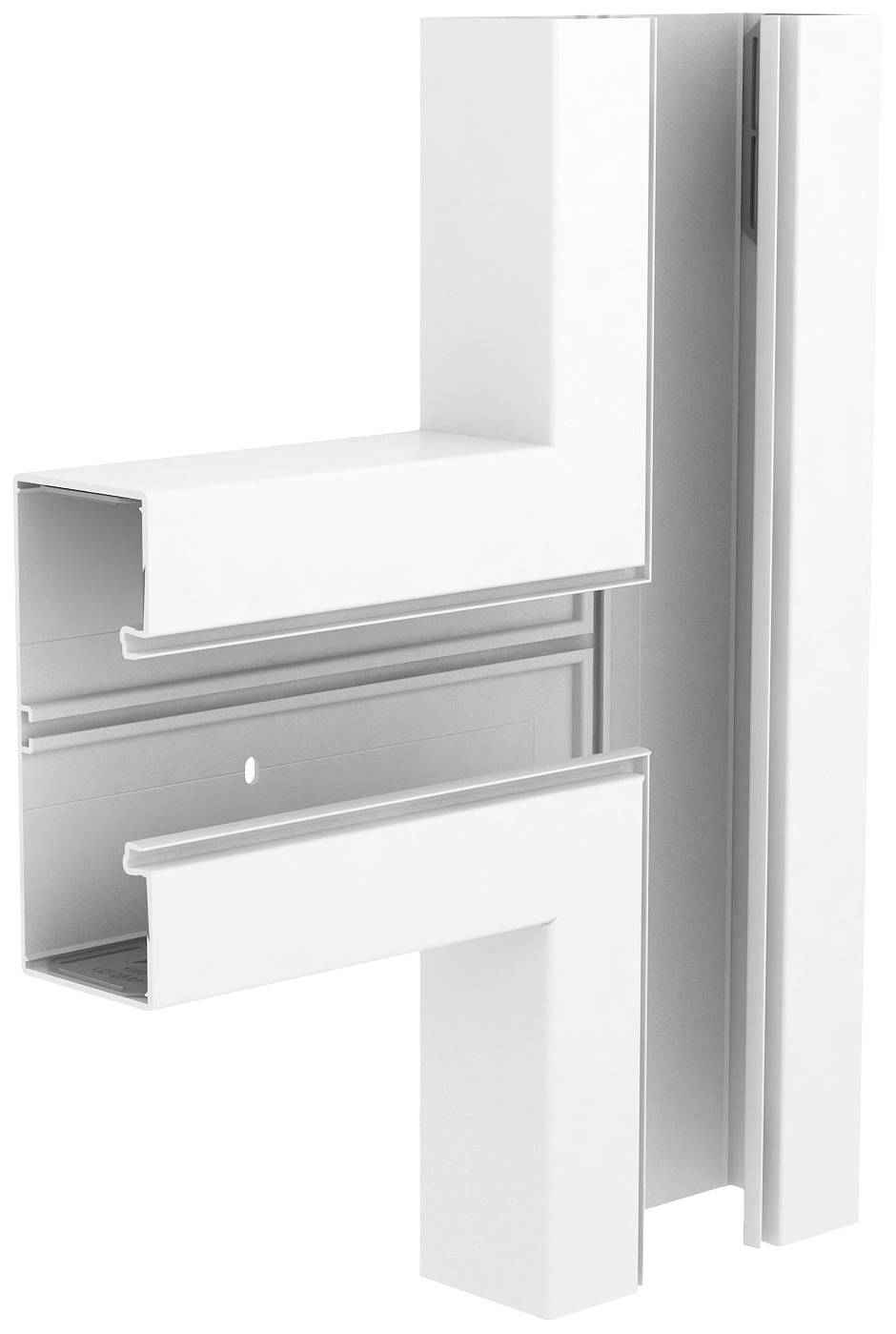 Profilansicht eines weißen Aluminium-Eckverbinders mit Hohlräumen zur flexiblen Montage.