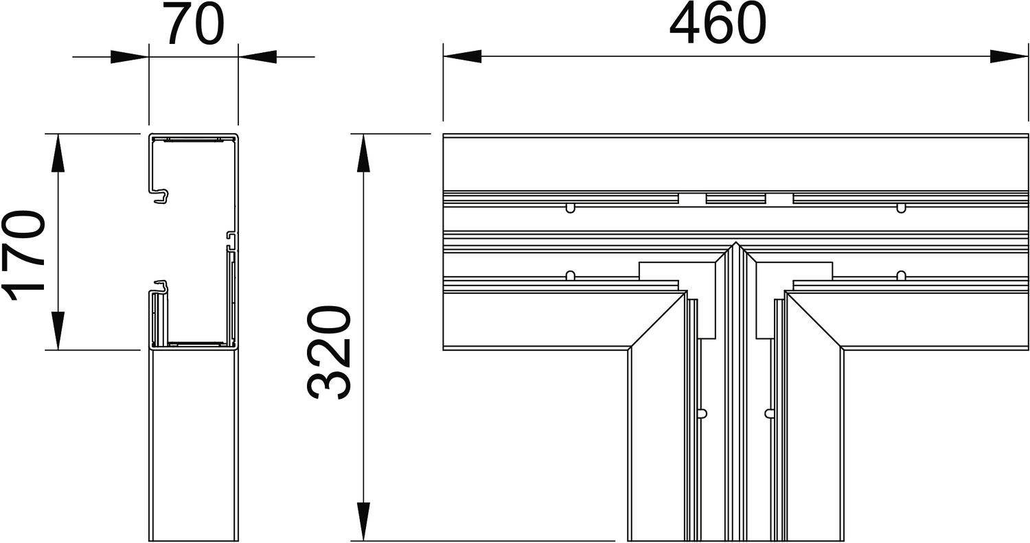 Technische Zeichnung eines T-Profils mit den Maßen: Höhe 320 mm, Breite 460 mm, Seitenansicht 170 mm hoch, 70 mm breit.