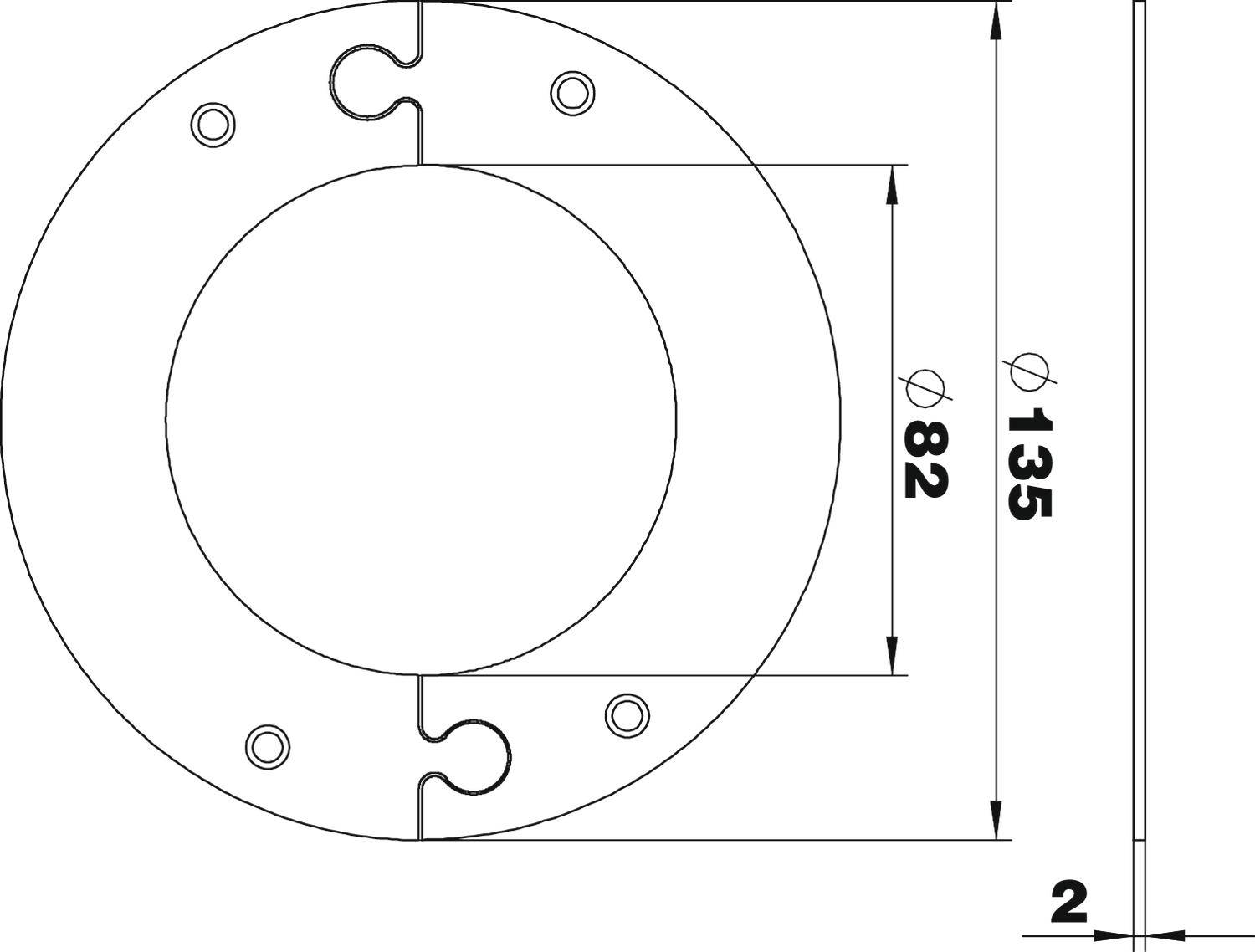 Technische Zeichnung einer runden Scheibe mit den Durchmessern 82 mm innen und 135 mm außen, sowie einer Dicke von 2 mm.