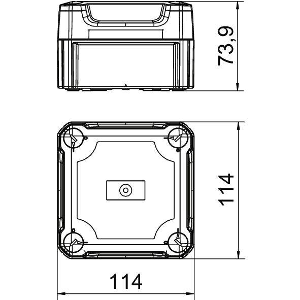 Technische Zeichnung eines rechteckigen Behälters. Die Maße betragen 73,9 mm in der Höhe und 114 mm in der Breite und Tiefe.