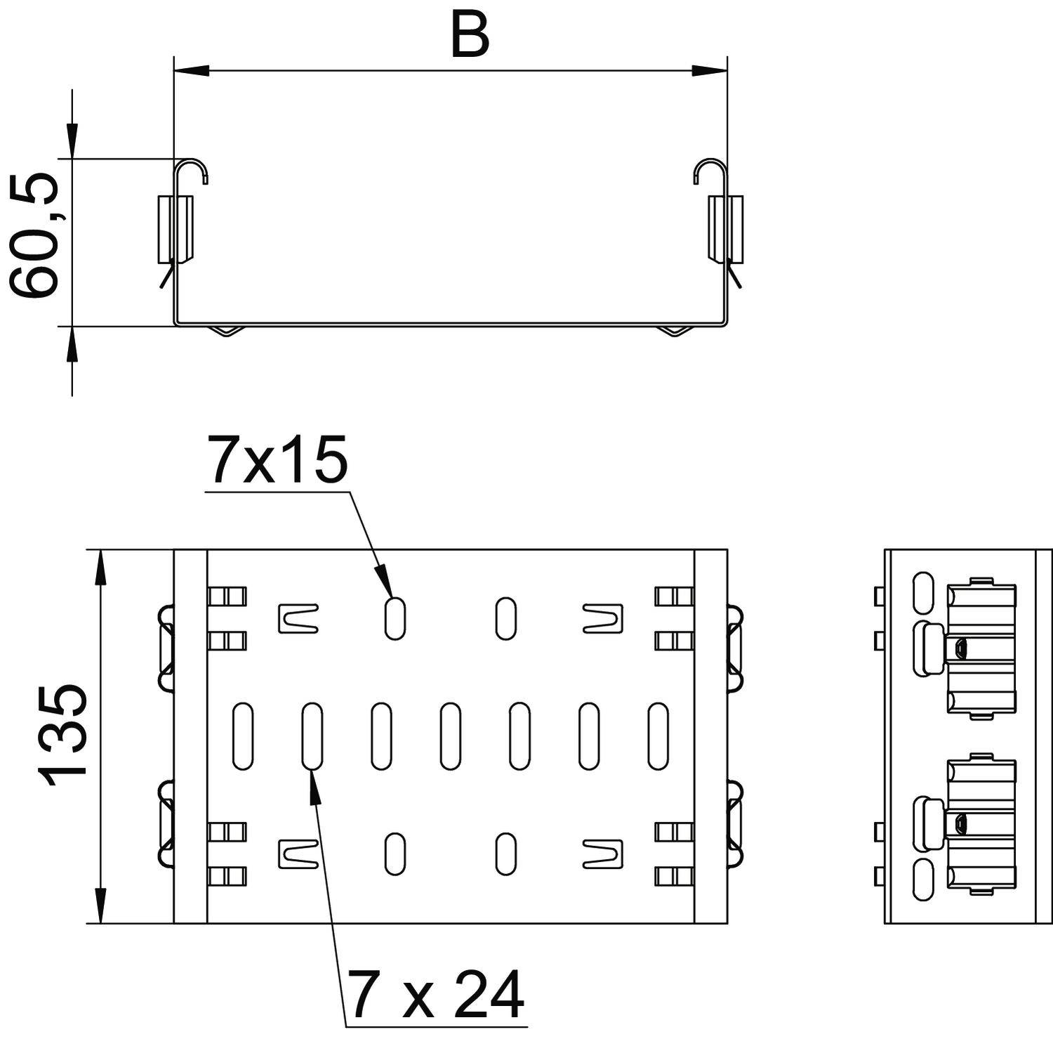 Technische Zeichnung eines rechteckigen Metallgehäuses mit Maßen 135x60,5 mm, Schraubplätzen (7x15) und Lüftungsschlitzen (7x24).