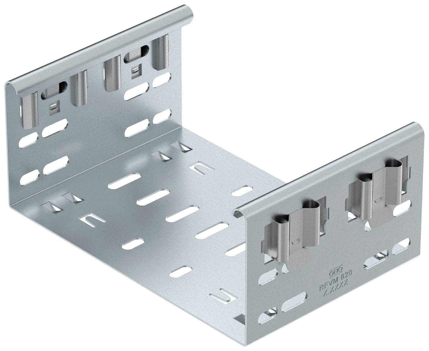 Metallene Halterung in L-Form mit mehreren Schlitzen und zwei Befestigungselementen an jeder Seite. Hauptsächlich für Kabel oder Leitungen geeignet.