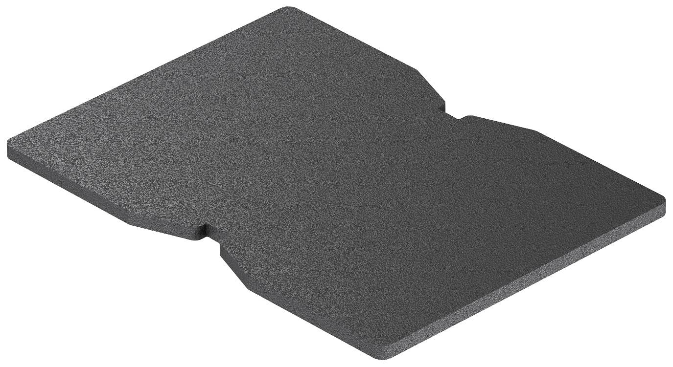 Schwarzes, rechteckiges Kunststoffteil mit asymmetrischer Form und unregelmäßigem Rand. Möglicherweise ein Bauteil oder eine Abdeckung.
