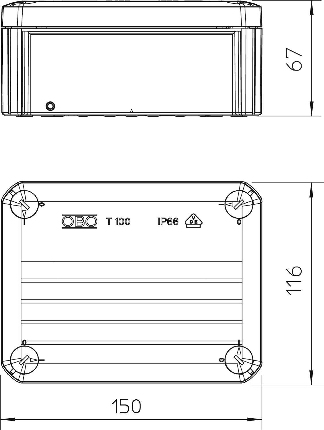 Technische Zeichnung eines rechteckigen Gehäuses mit den Maßen 150 x 116 x 67 mm. Oben: seitliche Ansicht; Unten: Draufsicht mit Befestigungslöchern.