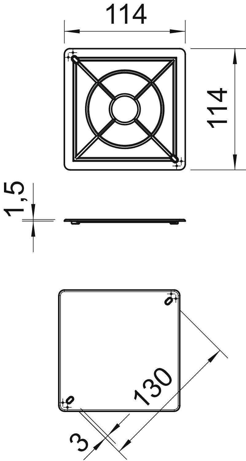 Technische Zeichnung eines quadratischen Lüftungsgitters mit Maßen: 114 mm x 114 mm x 1,5 mm. Lochpositionen gezeigt.
