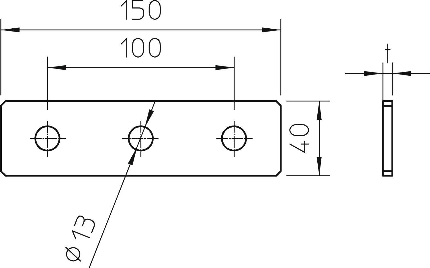 Technische Zeichnung einer rechteckigen Metallplatte mit den Maßen 150x40 mm, drei Bohrlöchern (ø13 mm) und 100 mm Abstand zwischen den Löchern.