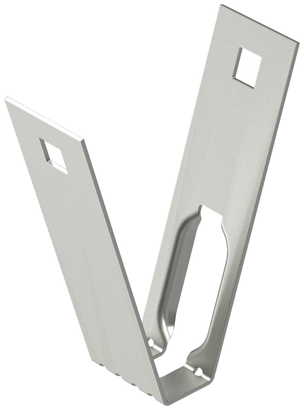 Metallhalterung in V-Form mit rechteckigen Aussparungen oben. Verwendet zur Befestigung oder Unterstützung von Materialien.
