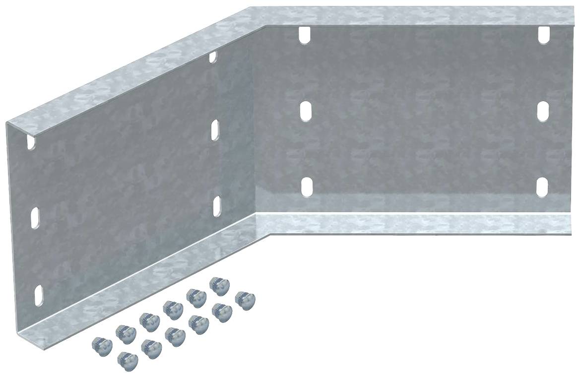 Metallwinkel mit mehreren Löchern und zehn passenden Schrauben, geeignet zur stabilen Verbindung von zwei Platten im rechten Winkel.