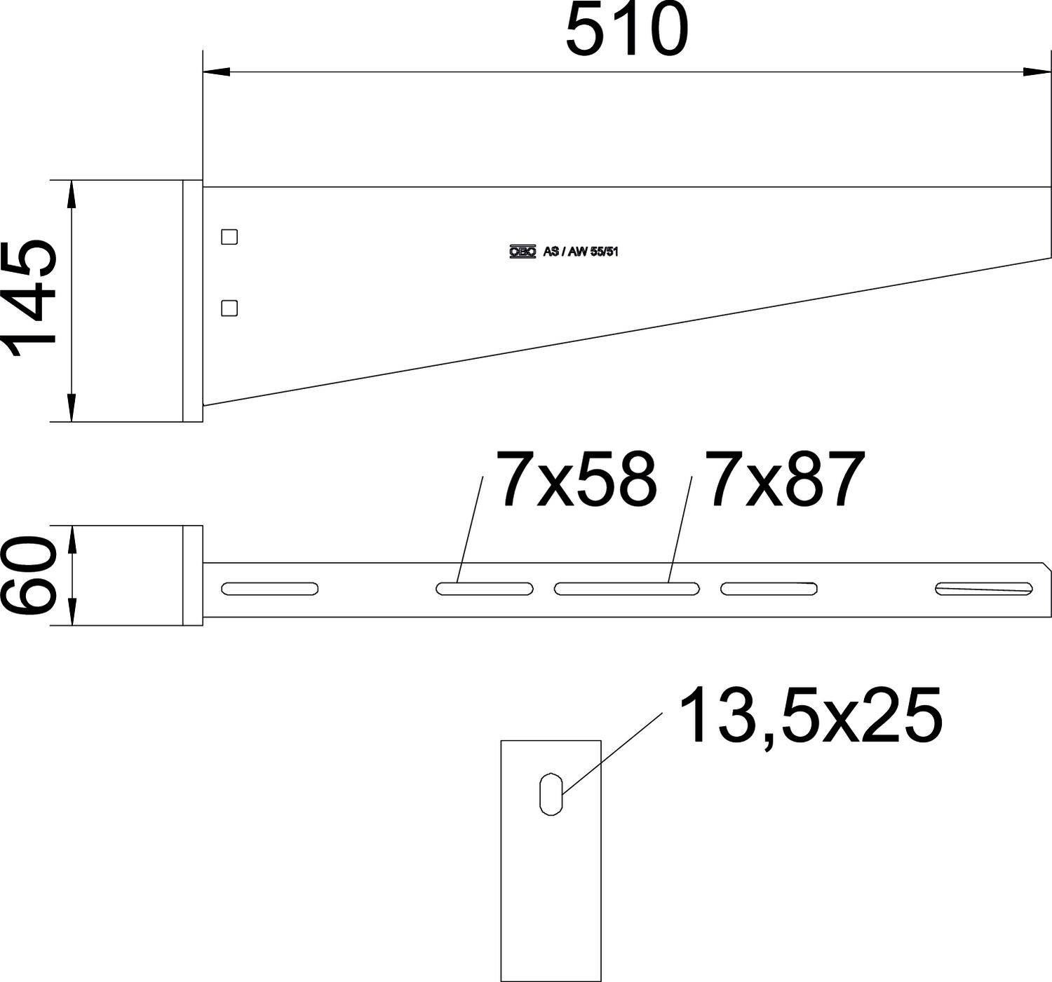 Technische Zeichnung eines Metallwinkelträgers. Oben: Seitenansicht mit Maßen 510 mm Länge und 145 mm Höhe. Unten: Ansicht mit Befestigungslöchern, 60 mm Breite.